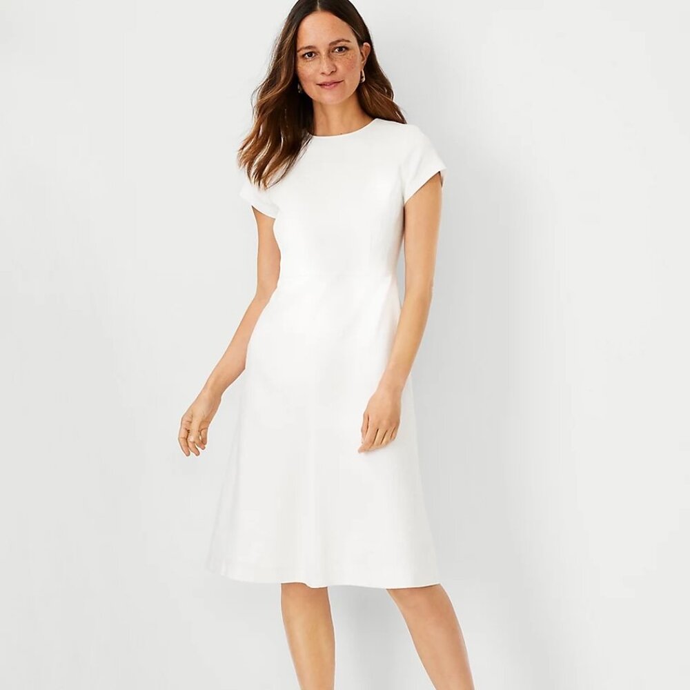 Ann Taylor Midi Flare Dress Sz 16 Herringbone Linen Blend Off White Career Suit